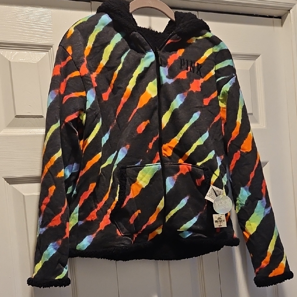 Victorias Secret PINK Reversible Sherpa Hoodie Jacket Full Zip Black Multicolor